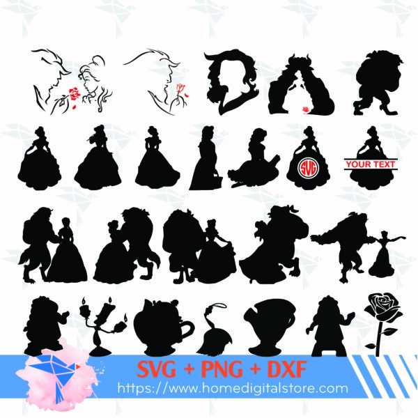 Beauty and Beast Silhouette SVG, PNG, DXF