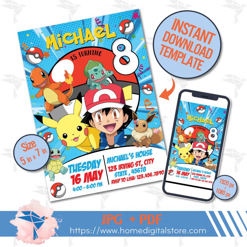 Pokemon Birthday Invitation JPG, PDF