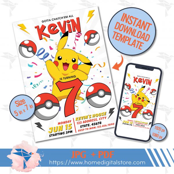 Pokemon Birthday Invitation JPG, PDF