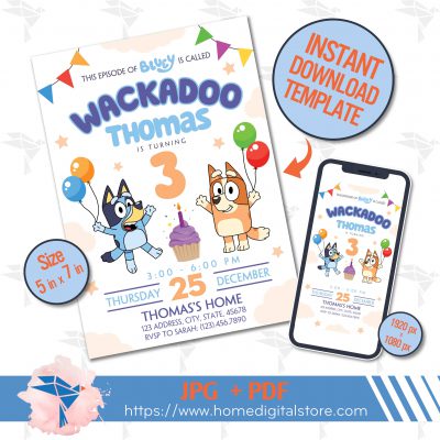 Bluey Birthday Invitation JPG, PDF