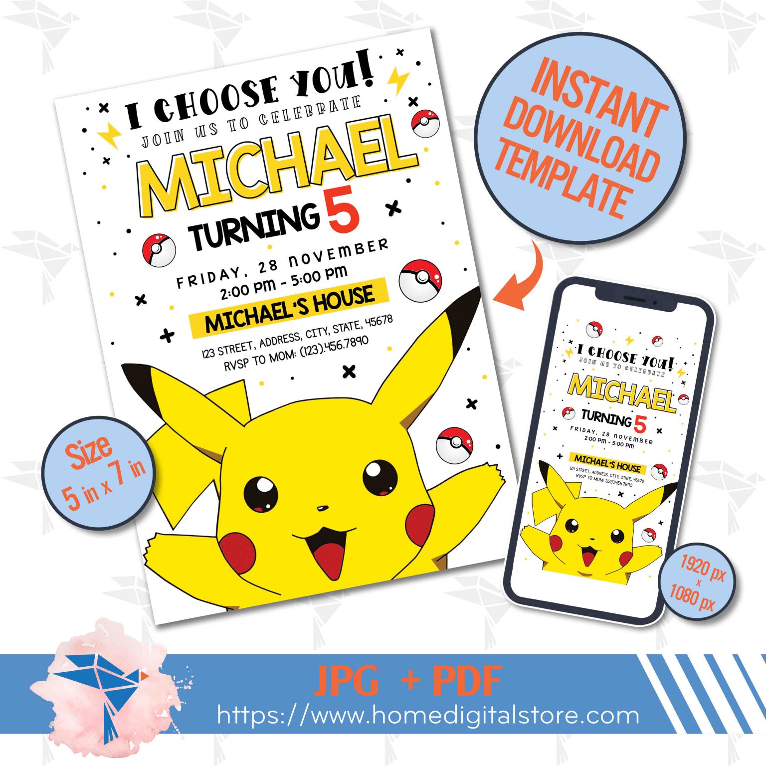 Pikachu Birthday Invitation JPG, PDF