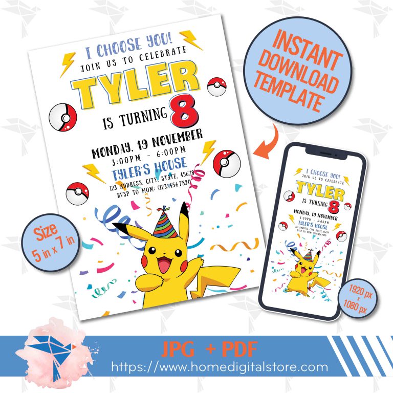 Pikachu Birthday Invitation JPG, PDF