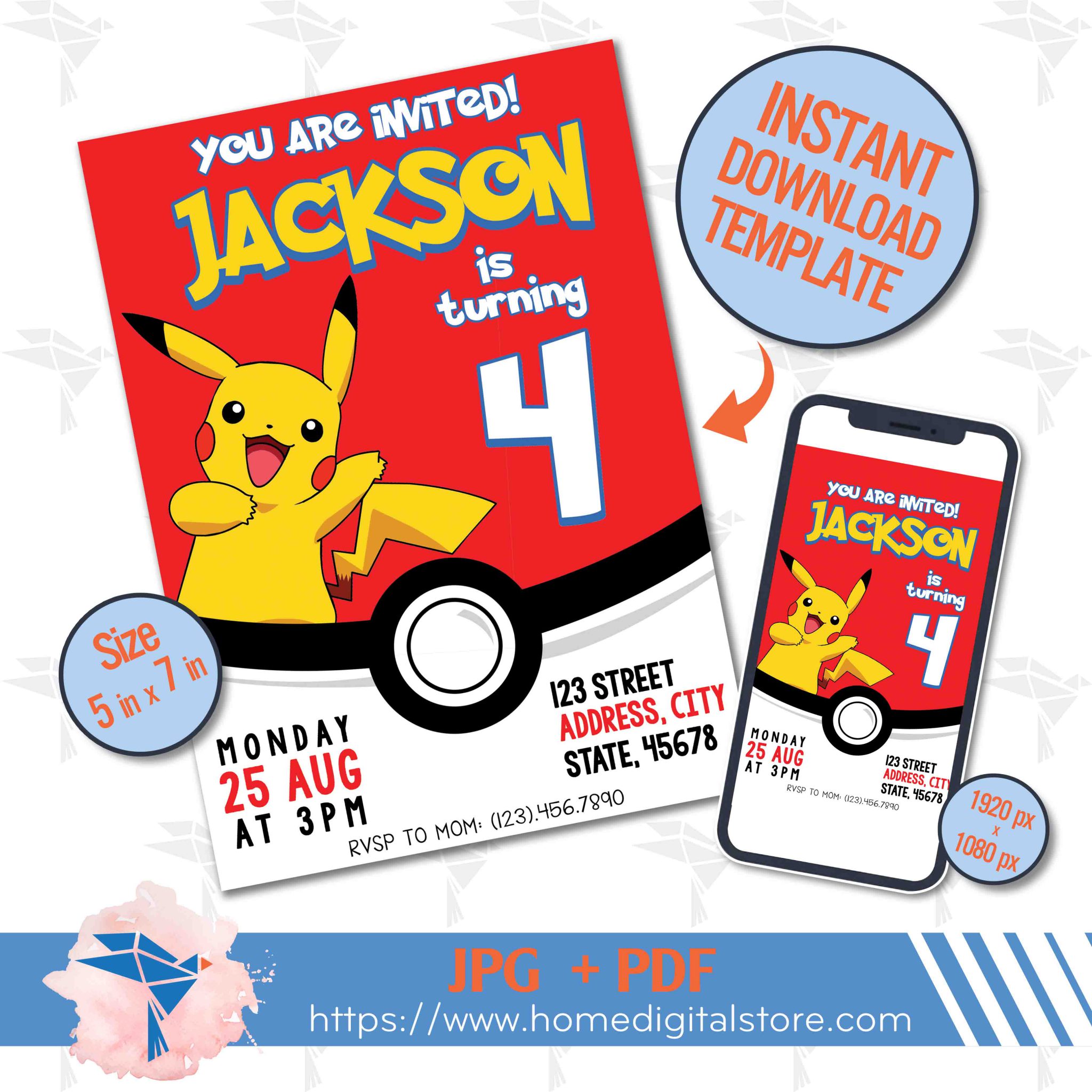 Pikachu Birthday Invitation JPG, PDF