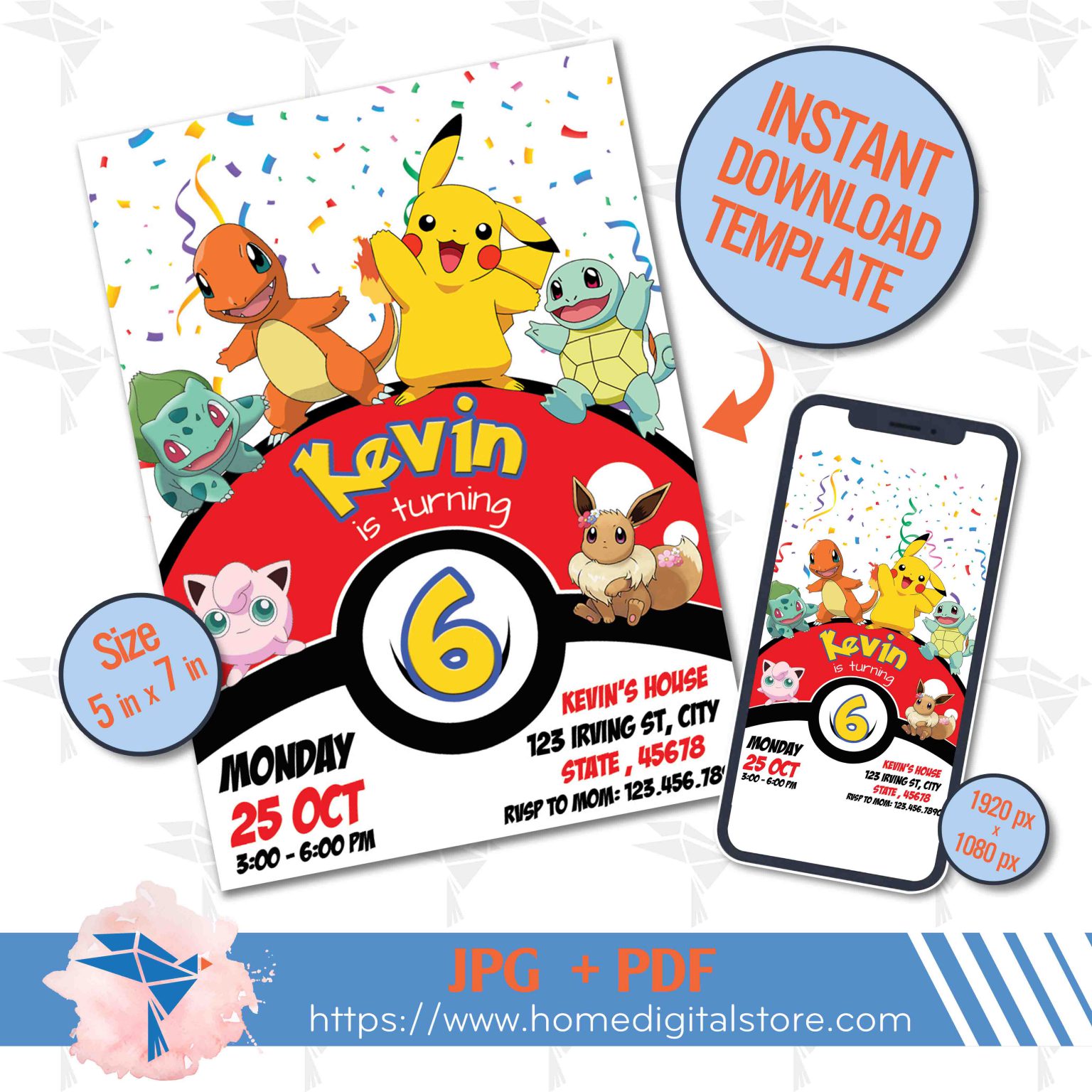 Pokemon Birthday Invitation JPG, PDF