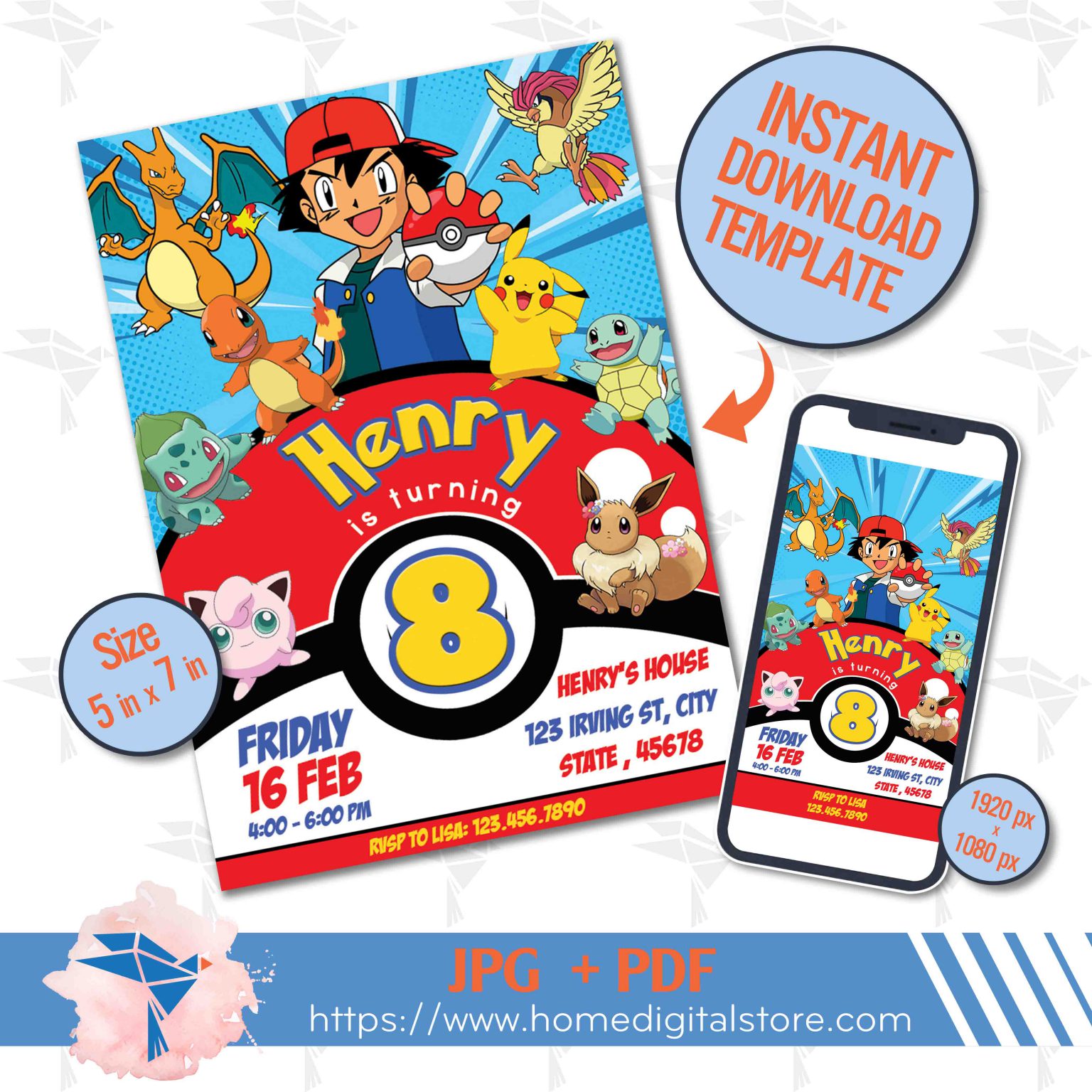 Pokemon Birthday Invitation JPG, PDF