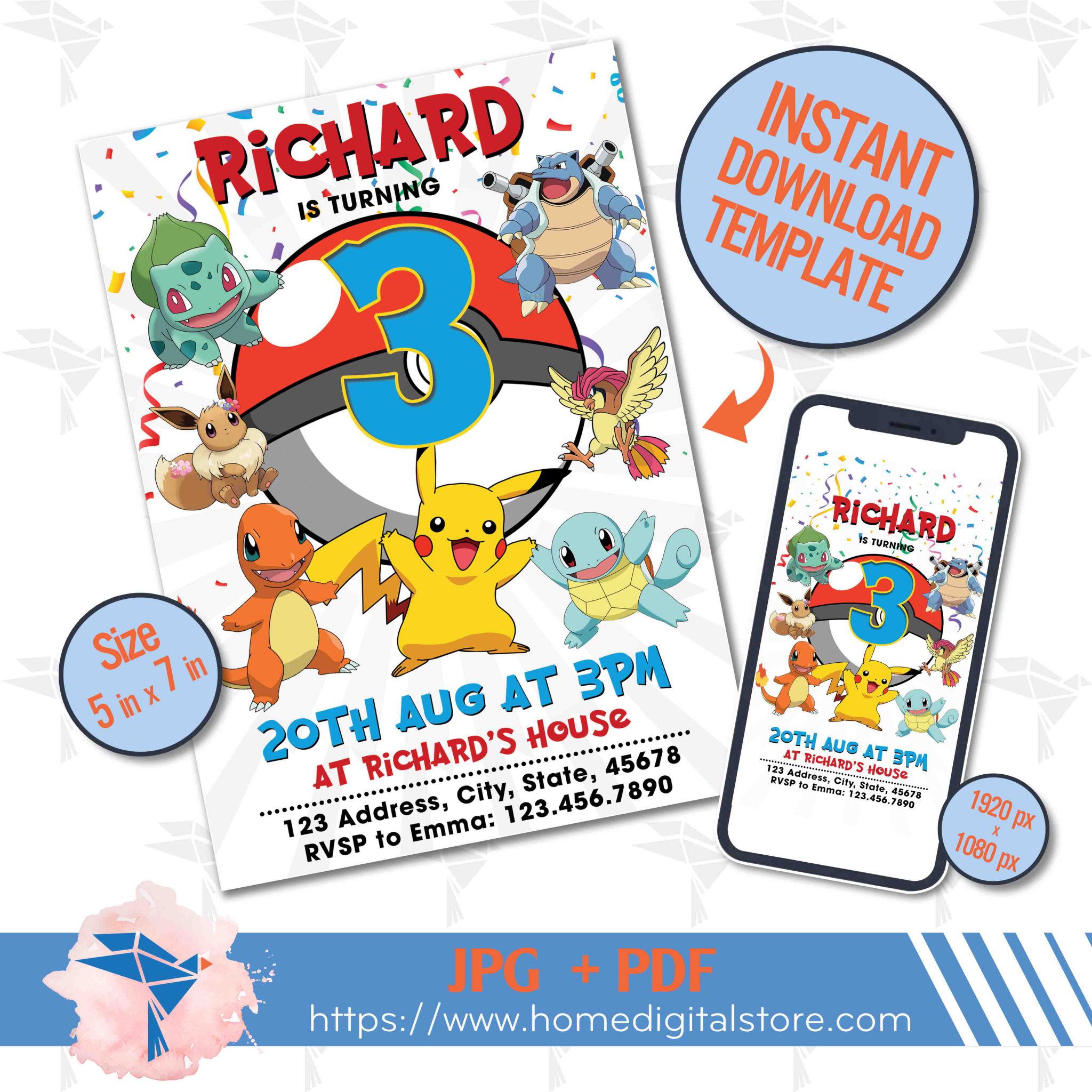 Pokemon Birthday Invitation JPG, PDF