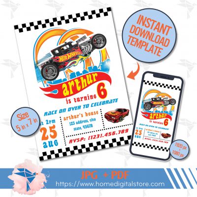 Hot Wheels Birthday Invitation JPG, PDF