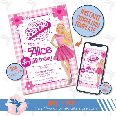 Barbie Birthday Invitation JPG, PDF