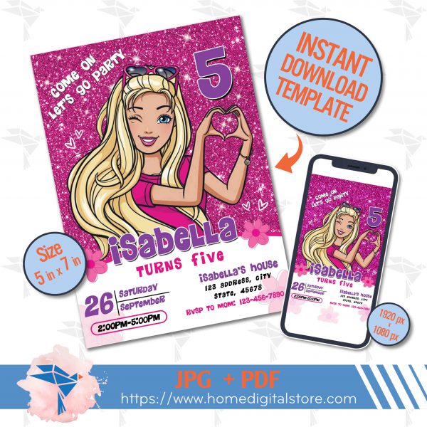 Birthday Invitation Barbie JPG, PDF