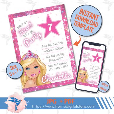 Birthday Invitation Barbie Jpg, Pdf