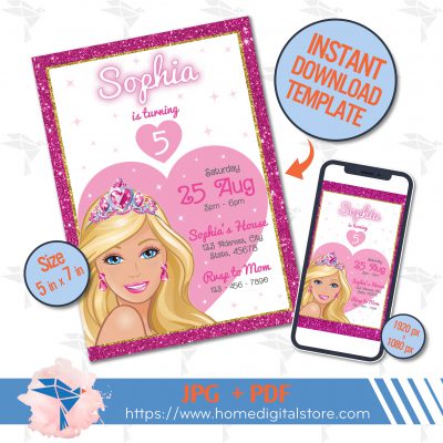 Birthday Invitation Barbie JPG, PDF