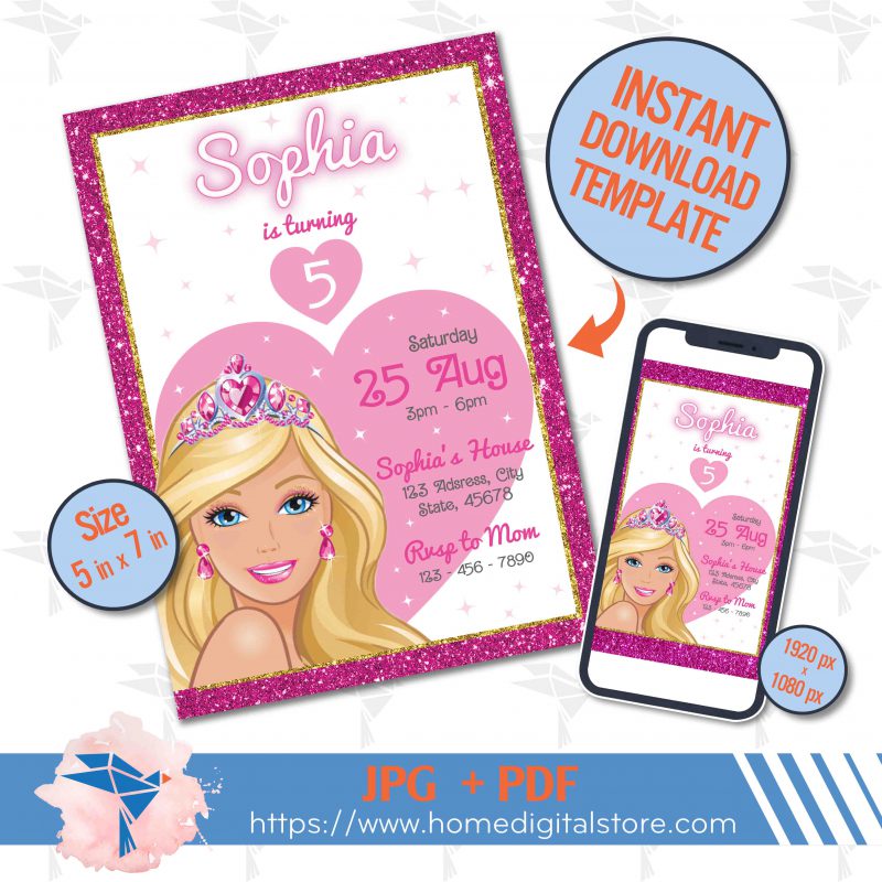 Birthday Invitation Barbie JPG, PDF