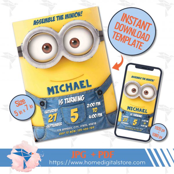 Minion Birthday Invitation JPG, PDF