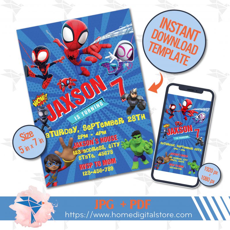 Spidey Birthday Invitation JPG, PDF