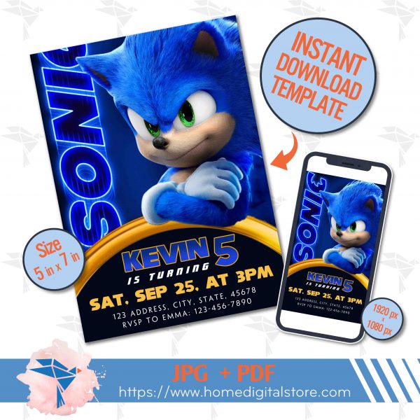 Sonic Birthday Invitation JPG, PDF