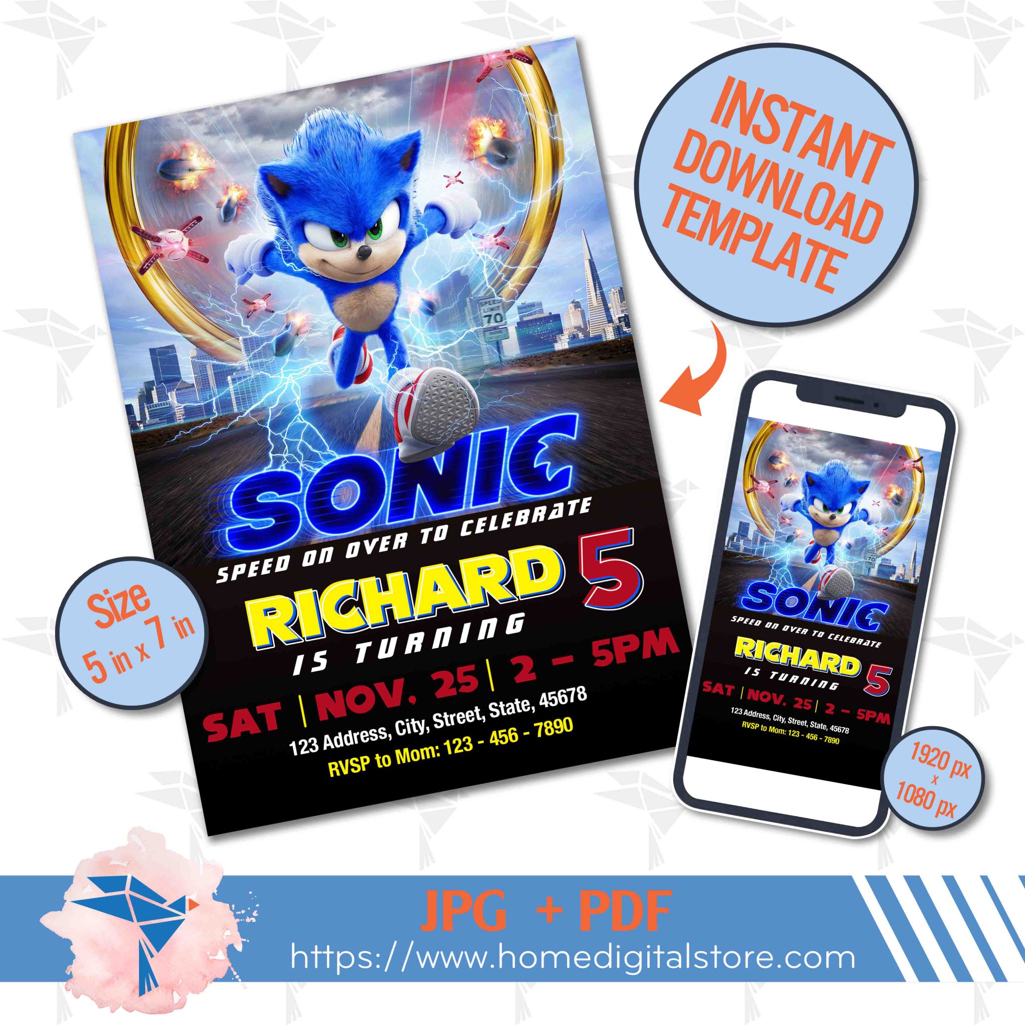 Sonic Birthday Invitation JPG, PDF