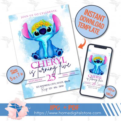 Stitch Birthday Invitation JPG, PDF