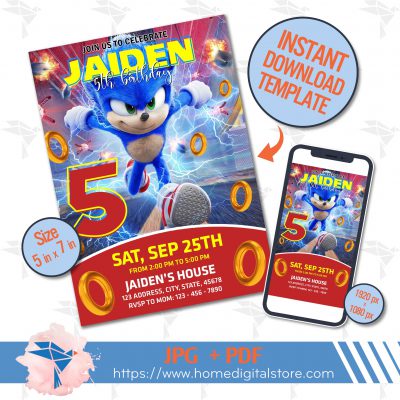 Sonic Birthday Invitation JPG, PDF