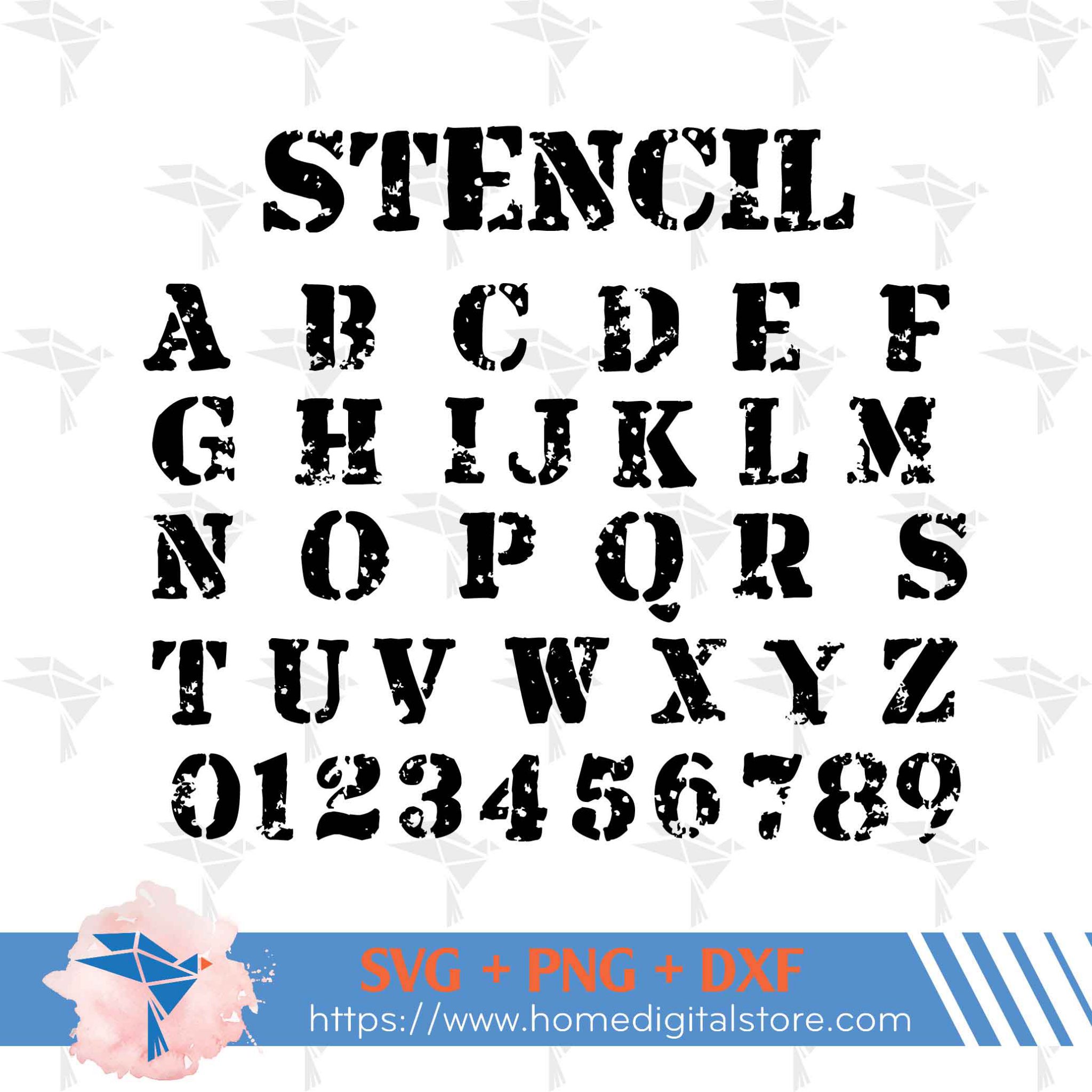 Distressed Stencil Font Svg, Png, Dxf