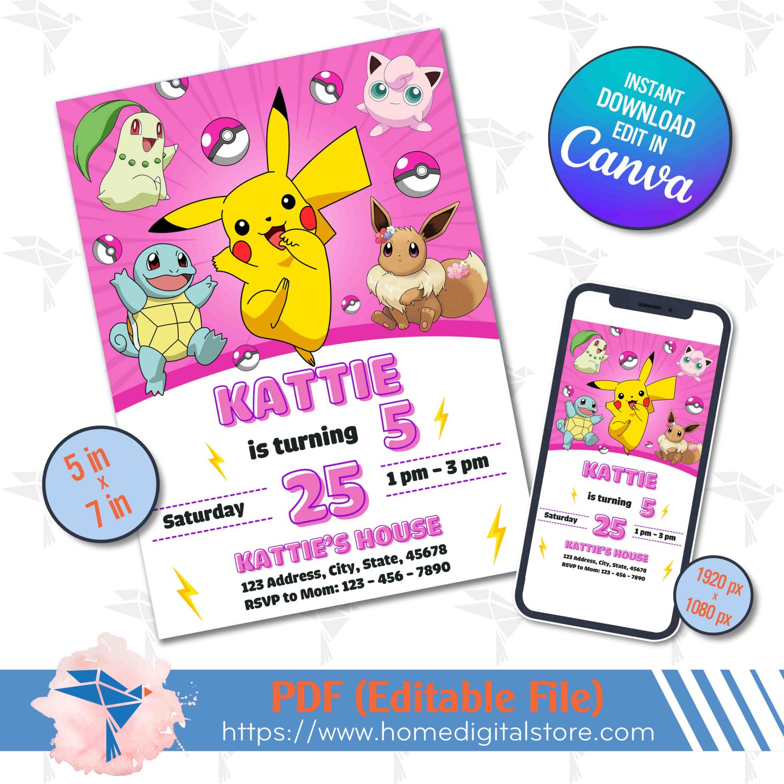 Pokemon Birthday Girl Invitation Canva Template