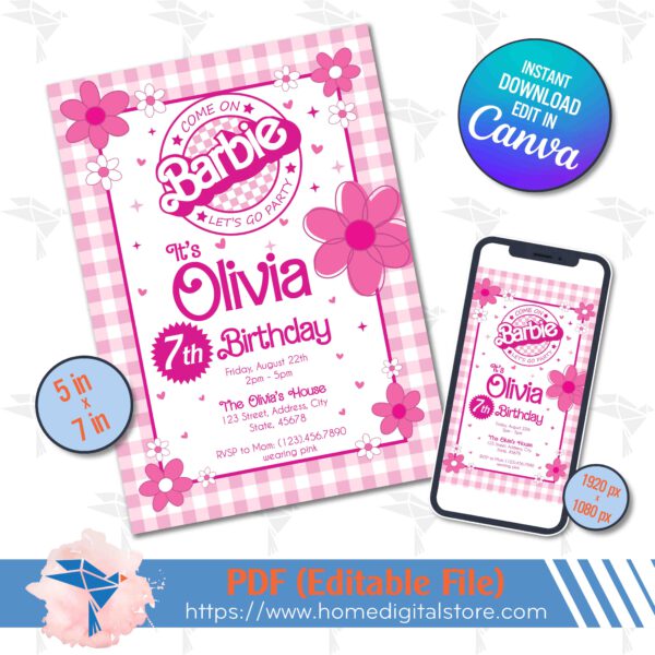 Barbie Birthday Invitation Canva Template