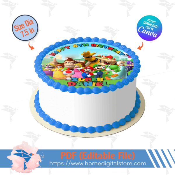Super Mario Edible Round Topper Cake Canva Template