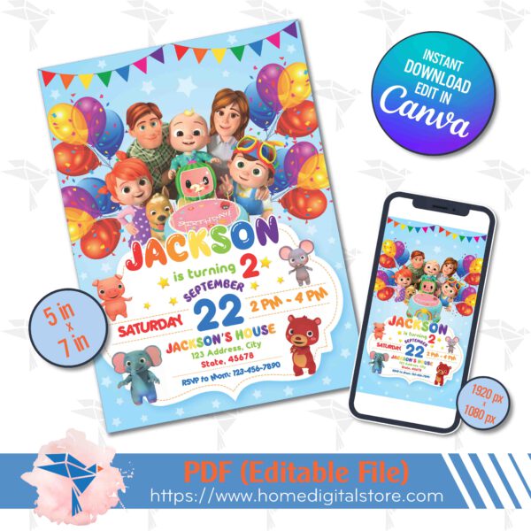 Cocomelon Invitation Canva Template